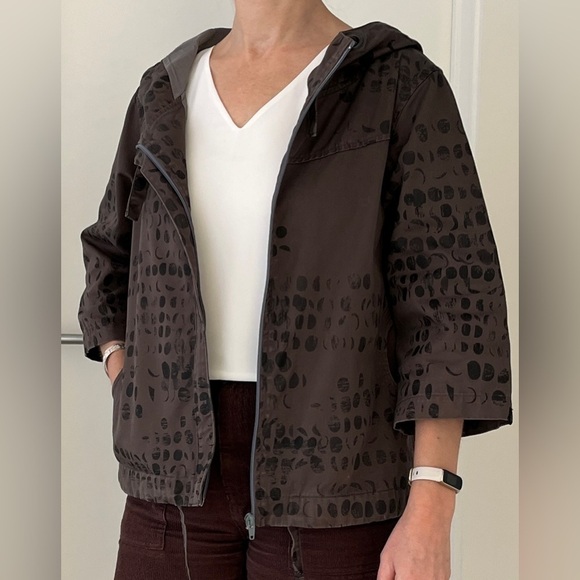 LODEN Khaki Abstract Print Hood Zip Front Jacket 3/4 Sleeve Artsy Layer Canada - Picture 4 of 16